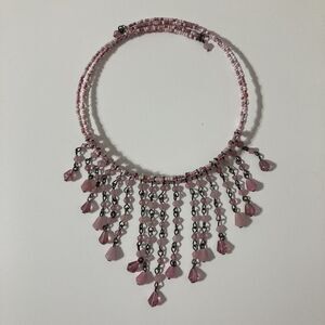 Pink White Choker Collar Bib Tassel Tear Drop Dangle Seed Bead Necklace Bohemian